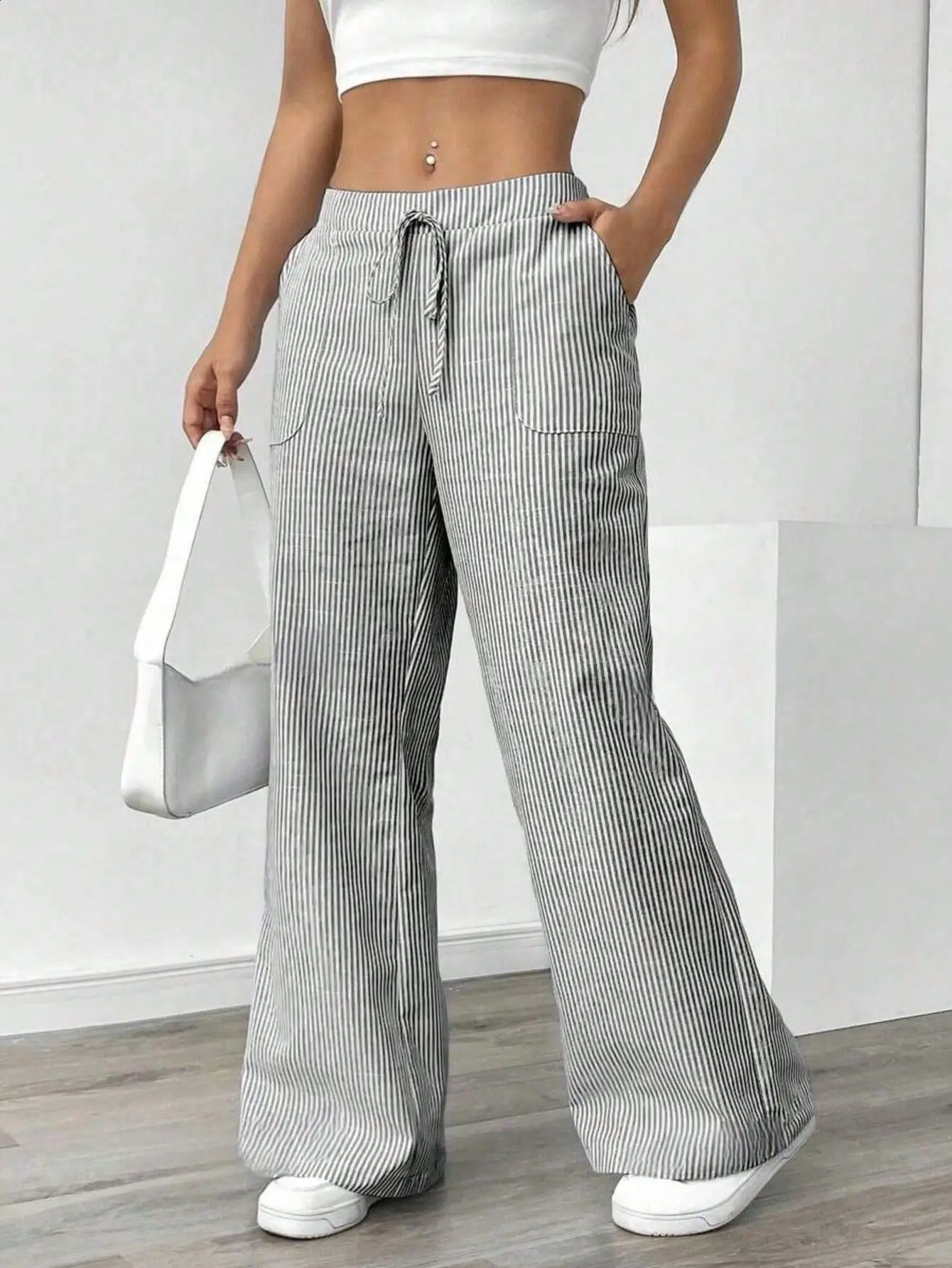 Summer striped drawstring wide leg pants for women high waisted loose fit slimming casual straight hanging 260625
