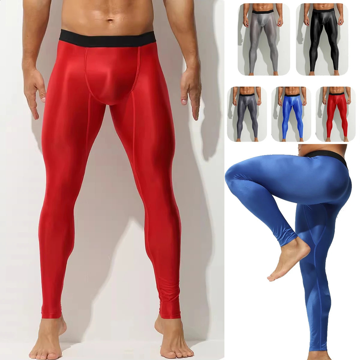 Men Sexy Oil Glitter Ice Silky Thin High Stretch Low Waist Body Shaped Pants Tight Bodybuilding Fitness Sports Leggings 260625