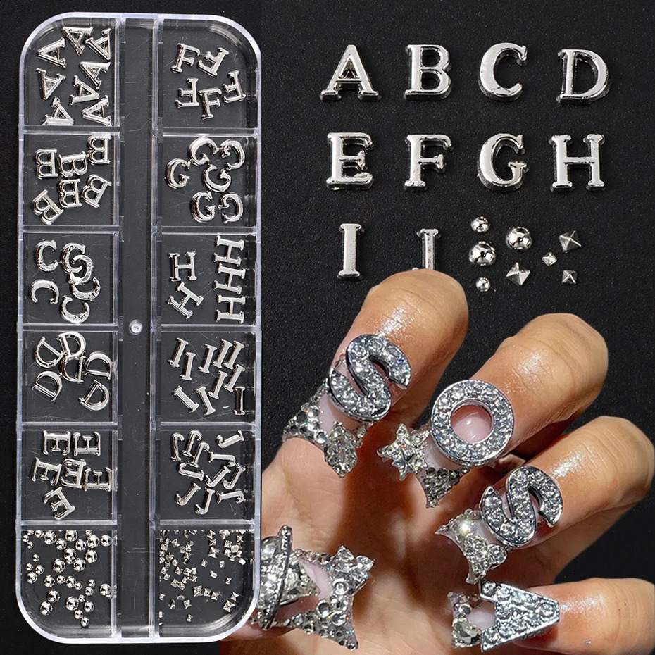 Sparkling letter bead Nail Charm - Slivery Alloy Alphabet Number Nail Art Accessories for Women Y2K Sparkling Rhinestone Charm 260623