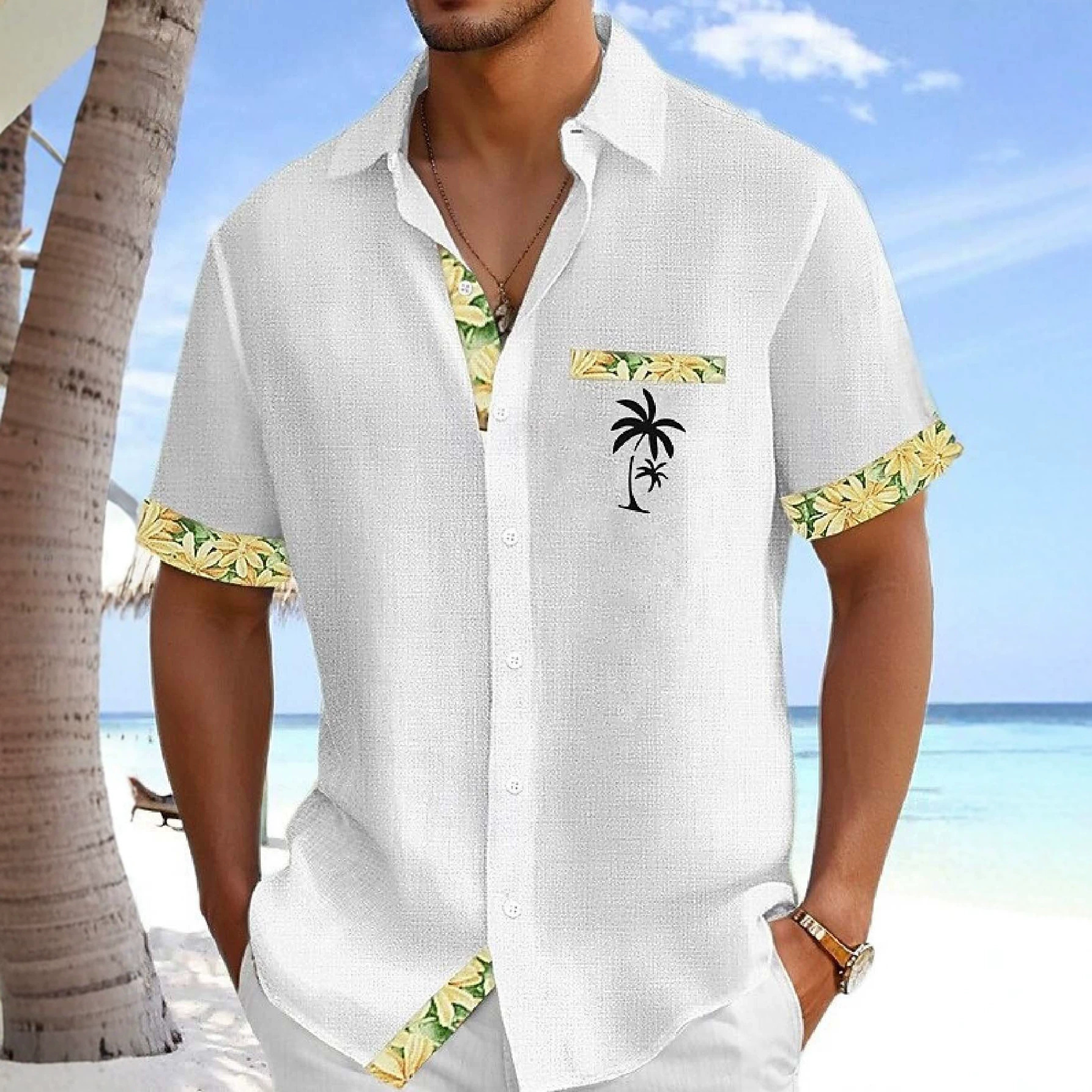 European American Style Refreshing Island-Style Men's Short-Sleeve Shirt With Plumeria Trim,