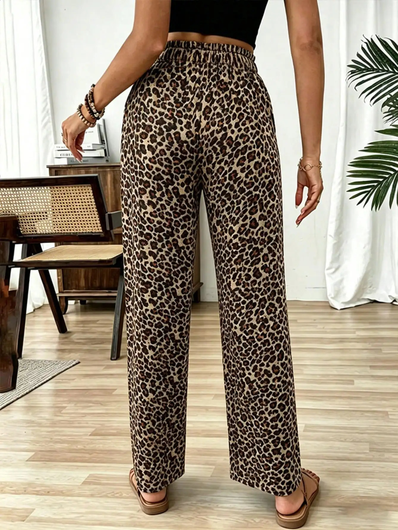 Women Retro Leopard Print Wide Leg Pants Soft Naked Feeling Casual Trousers For Home Sleep Travel Beach Vacation Outfit Clothes 260625 - view 6
