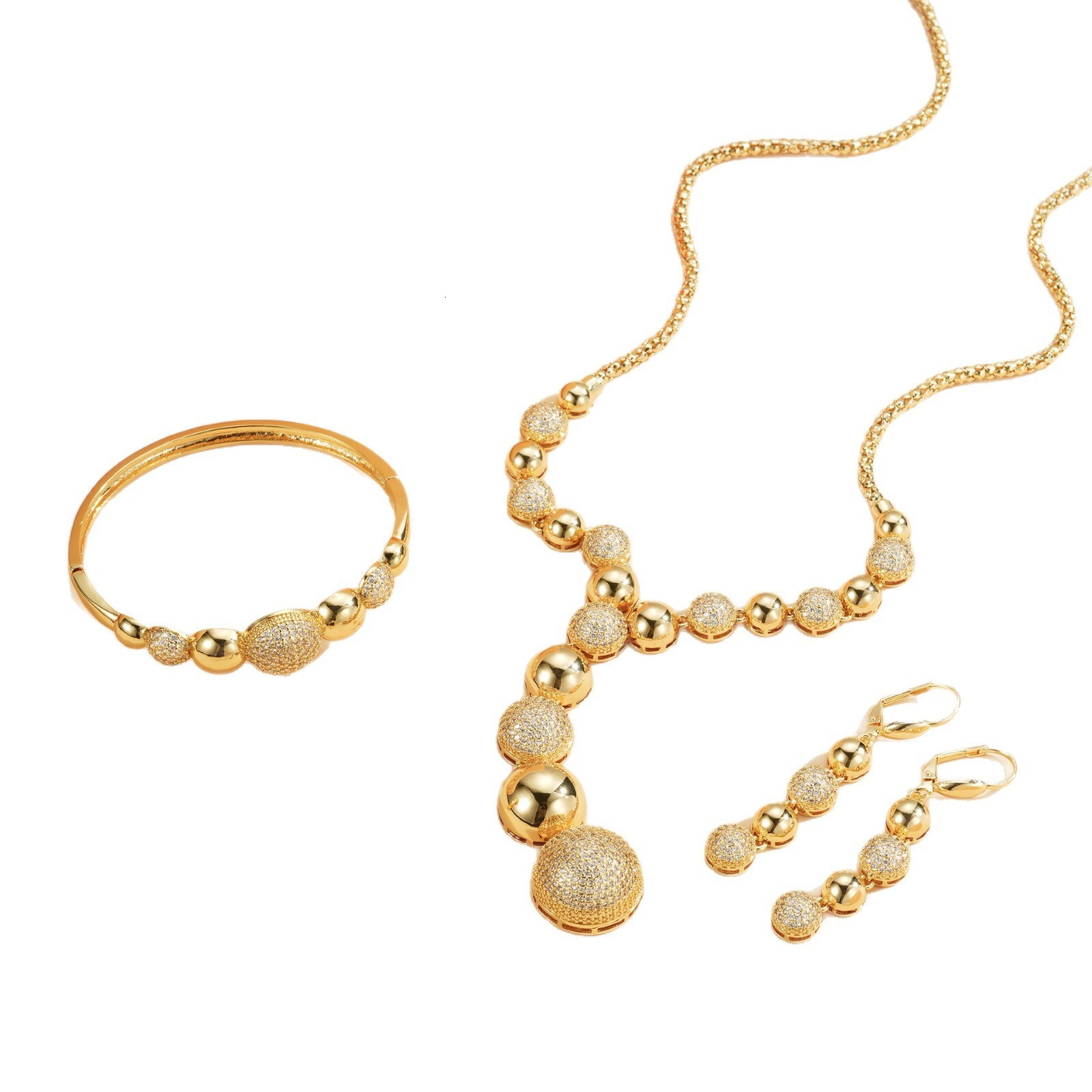 European Light Luxury 4Pcs Zircon Jewelry Set 18K Gold Plated Round Bead Women Necklace Bangle Ring Earrings - view 6