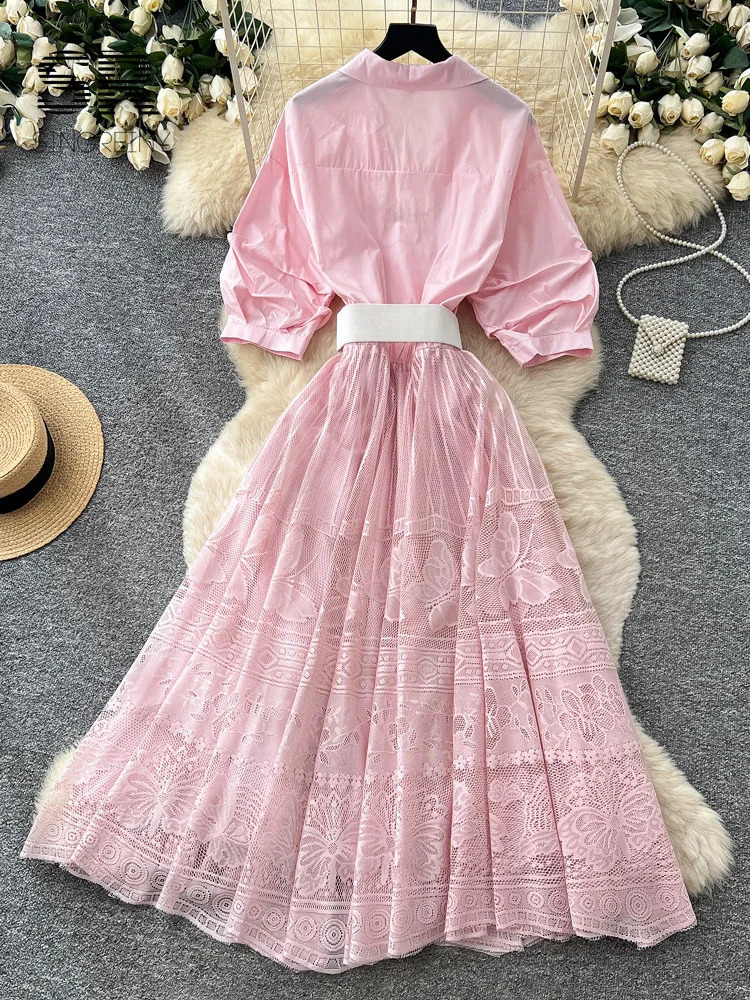 SINGREINY Women Vintage Lace Dress est 2026 Slim French Hollow Out Sashes Patchwork Senior Office Lady Aline Maxi Shirtdress 260625 - view 5