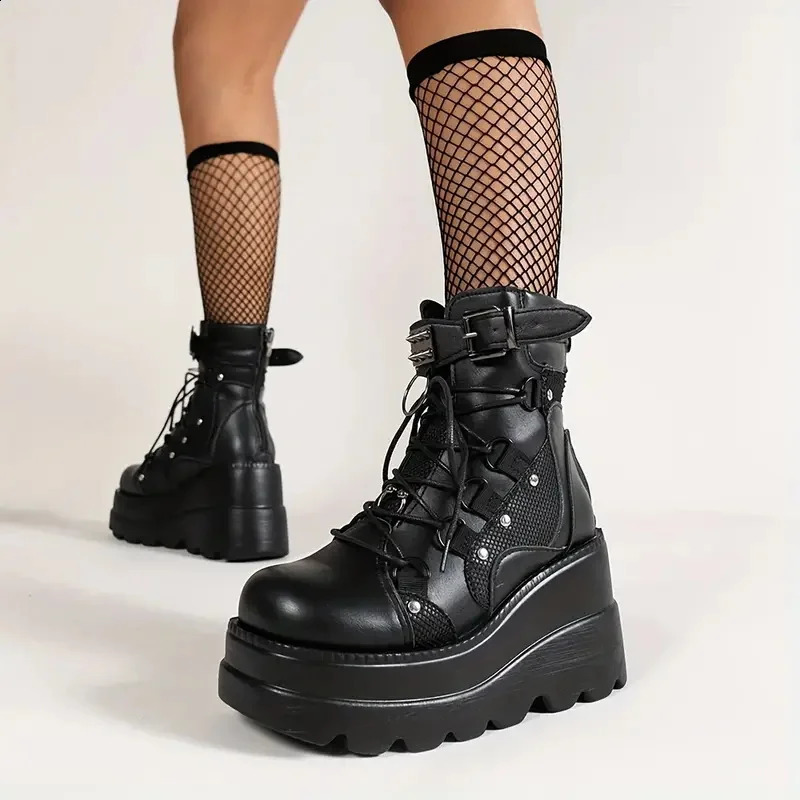 Womens Goth Cosplay Wedge Combat Ankle Boots Fashion Stylish Punk Buckle Laceup Zipper Dress Ladies Summer Outdoor Shoes 260616 - view 4