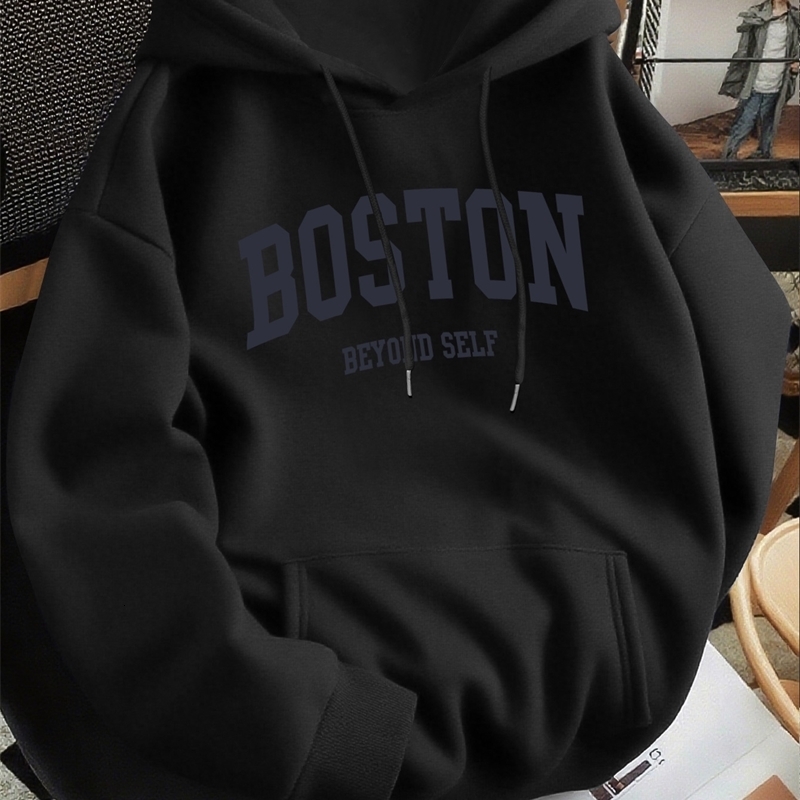 Mens Bostoninspired letter print premium retro hooded sweatshirt regular fit collar solid color graphic y260618