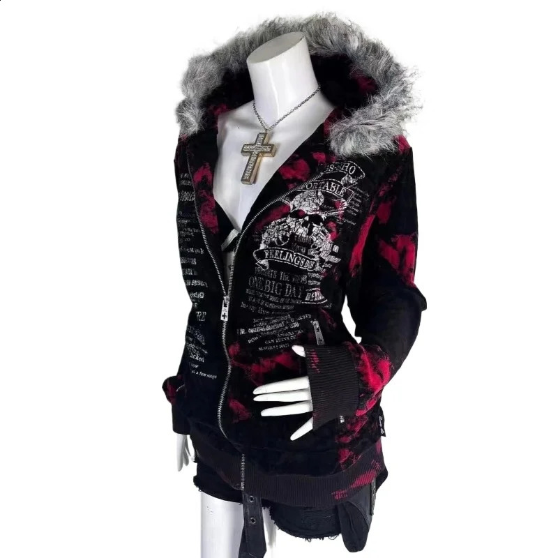 Gothic geometric print red gradient zipper hoodie women fashion high street fur collar loose sweatshirt for men and women 260626 - view 1