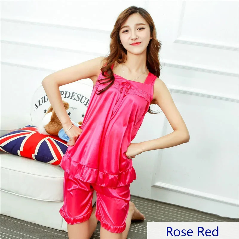 Summer Womens Faux Silk Satin Pajamas Sexy Sleepwear Female Nighty for Ladies Lace Tops Shorts Cool Set 260625 - view 7