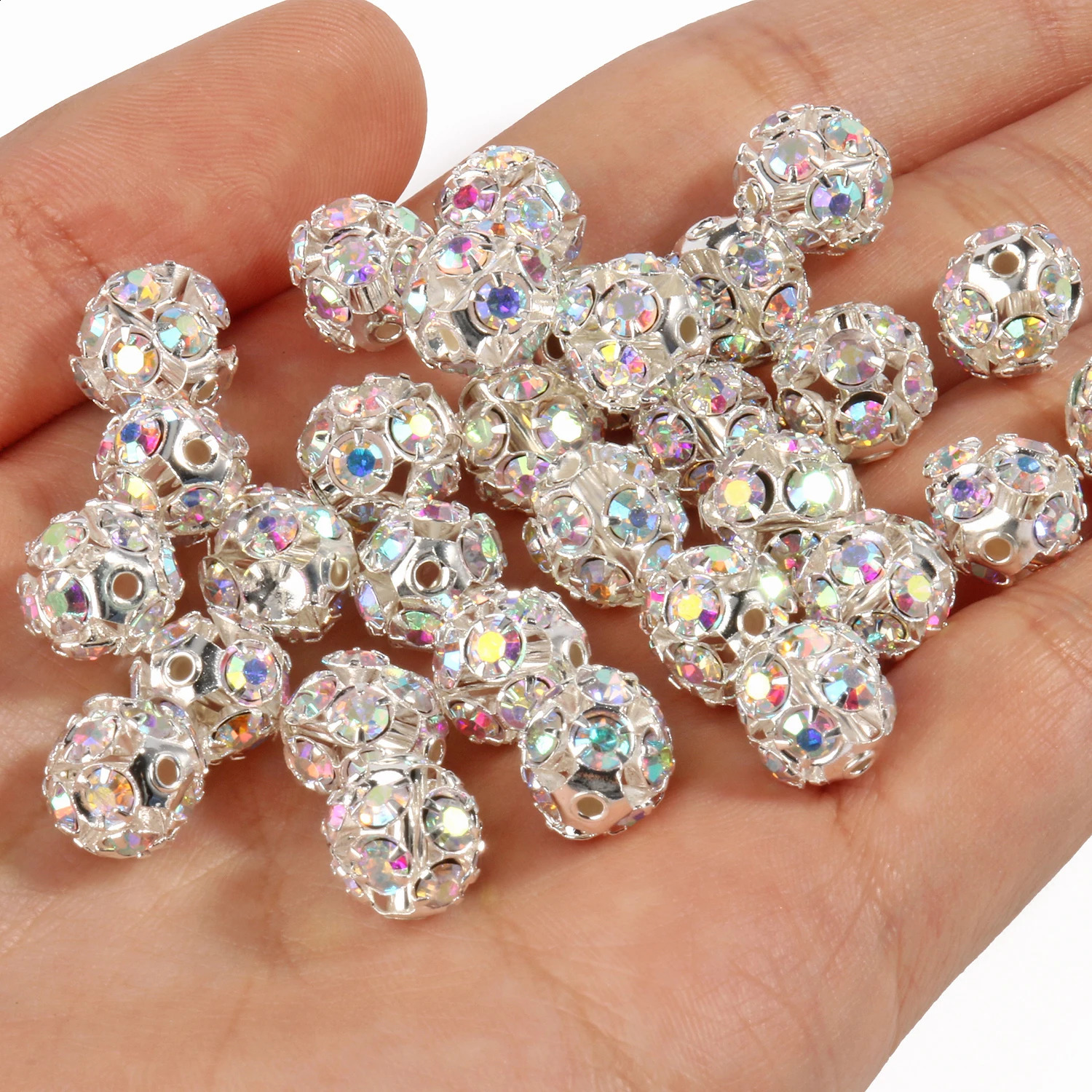 Wholesale 50pcs 6/8/10mm Metal Plated Crystal AB Rhinestone Ball Spacer Loose Beads For Jewelry Making Diy Bracelet Accessories 260623 - view 5