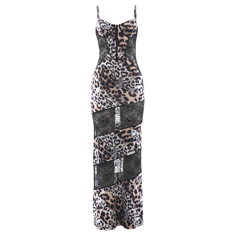 Spring new womens fashion spaghetti strap leopard print lace splicing sexy sheer dress - view 7