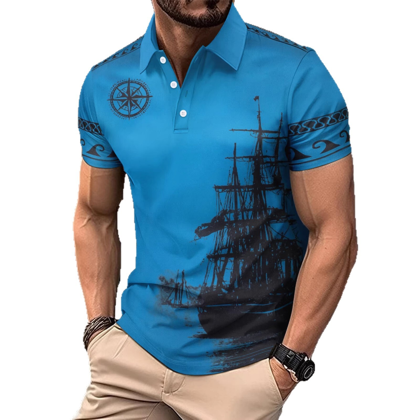 American Summer New Style Sailing Pattern Printed Turn-Down Collar Men's Casual Short-Sleeve POLO Shirt T-Shirt - view 6