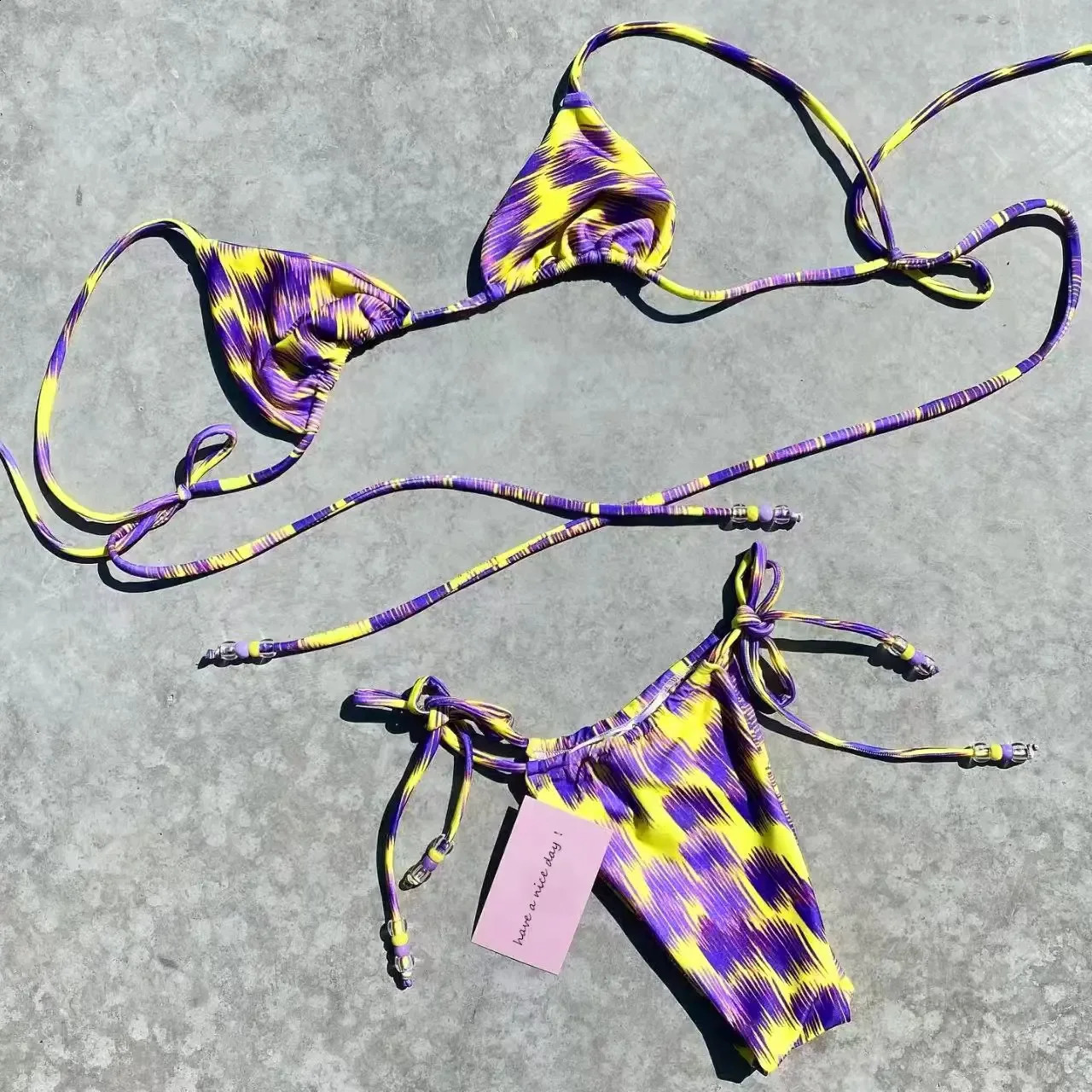 2026 Artistic Brush Stroke Print Bikini Set Sexy Tie Side Two Piece Swimsuit Women Colorful Push Up Beachwear Summer 260626