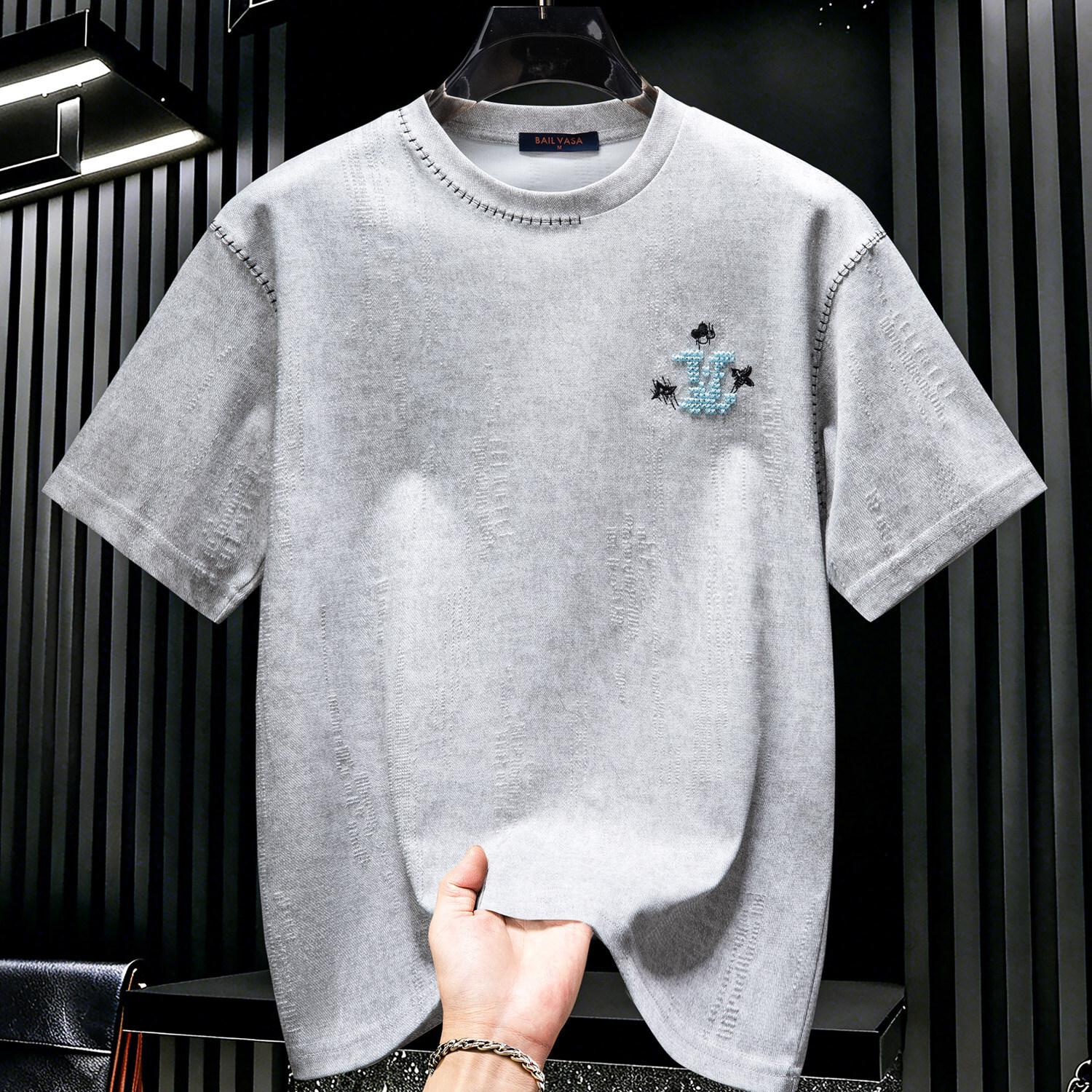 High-End Men's Designer T-Shirt With Brush Print And Distressed Details, New Model, Trendy Light-Luxury Half-Sleeve Shirt - view 4