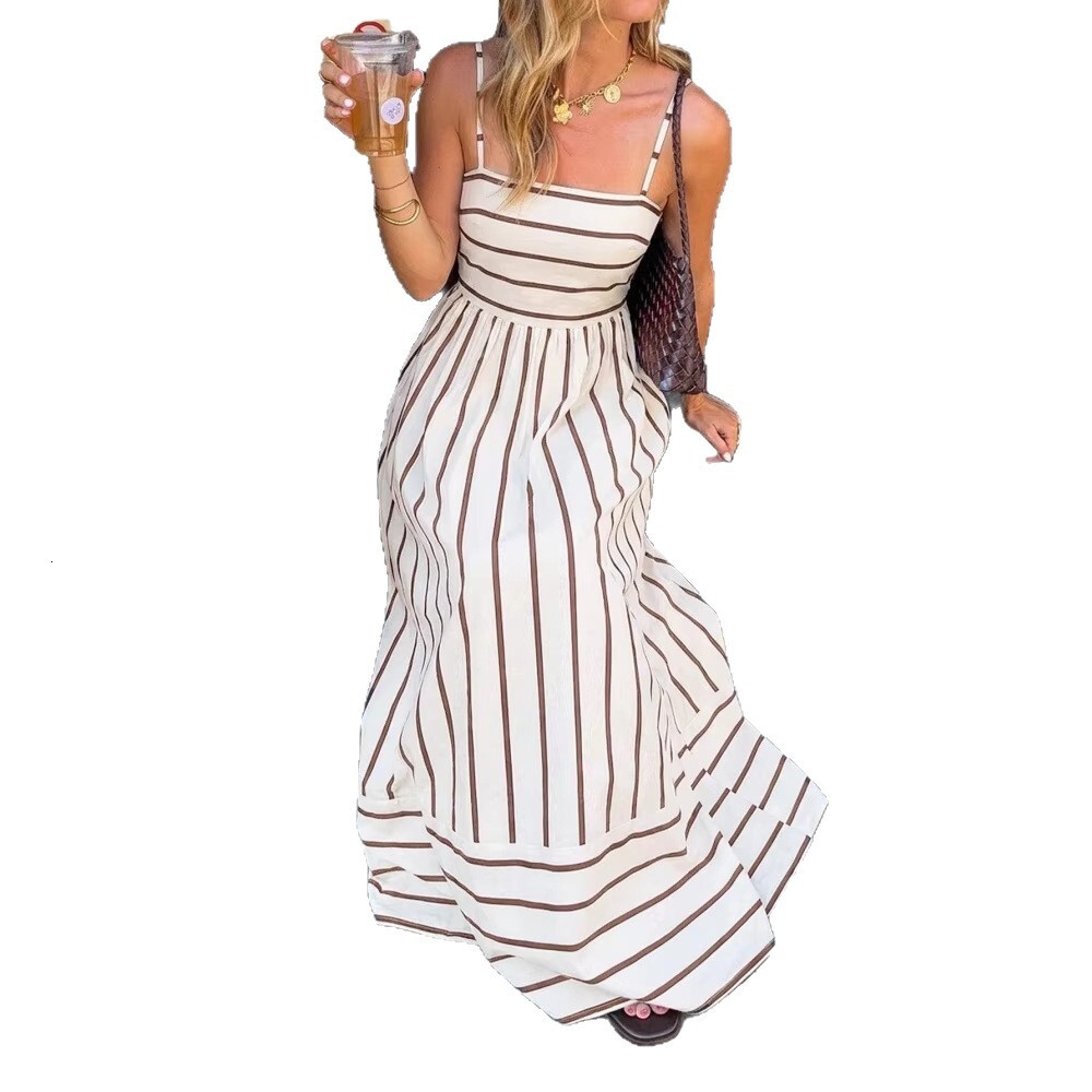 New womens French-style resort-style long dress with striped straps casual vacation dress - view 6