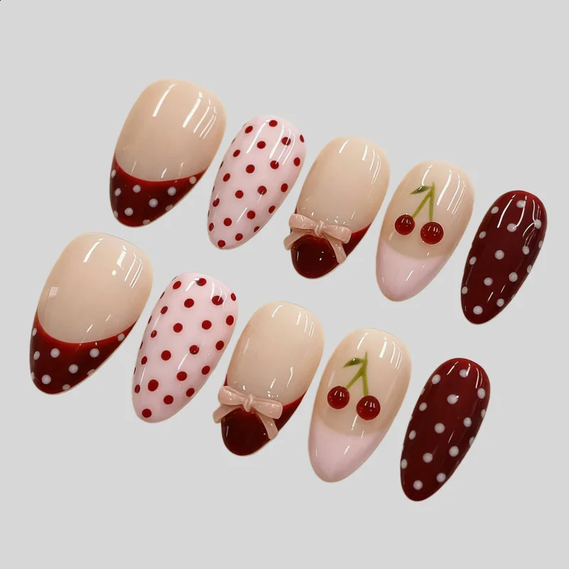 30Pcs Fake Nails Sweet Pink French Polka Dots Bows and Playful CherriesPress-On Nails Perfect as Gifts for Girls and Friends 260626 - view 3