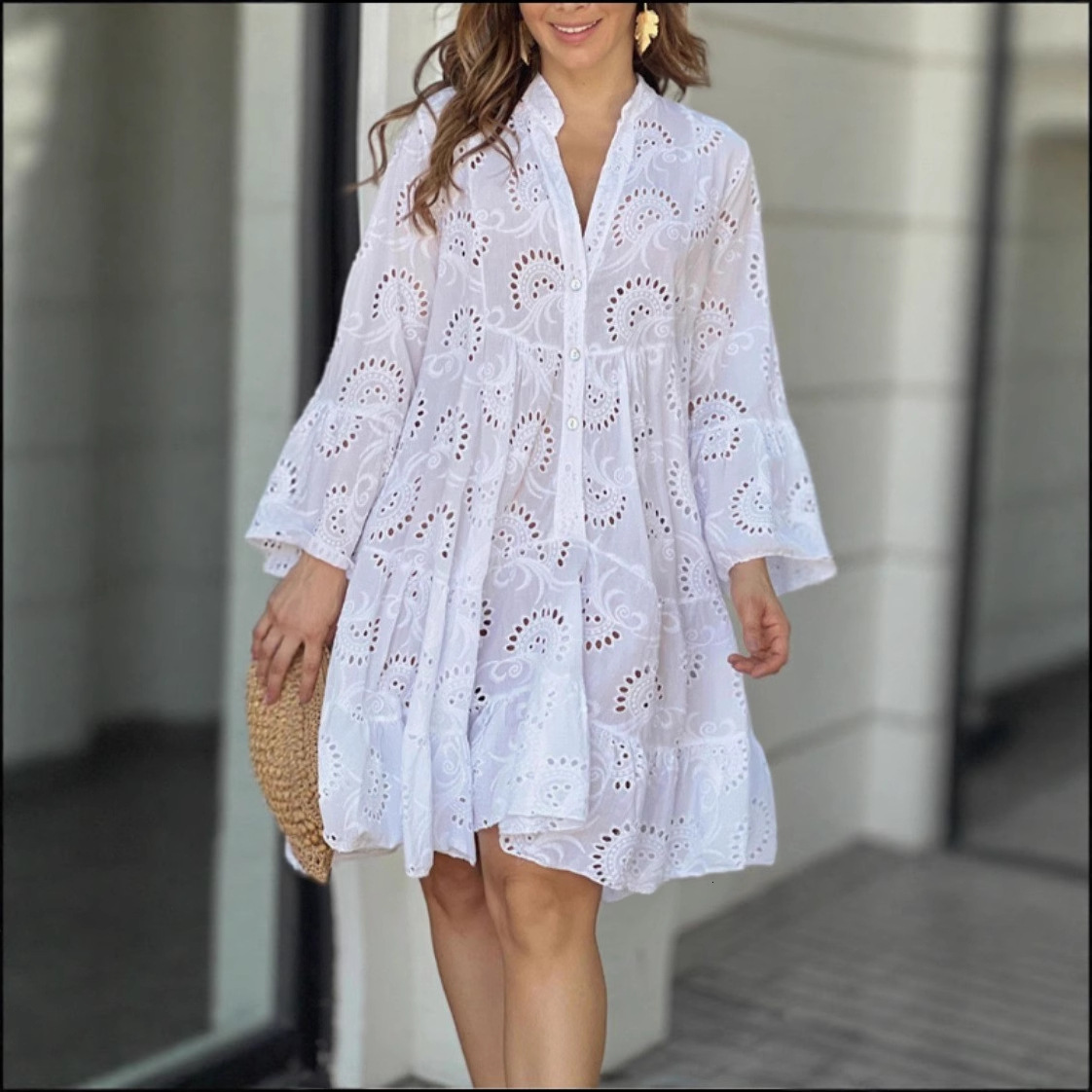 2025 European And American Spring/Summer Solid Color V-Neck Loose Embroidered Hollow Lace Floral Sexy Dress Sun Protection Clothing