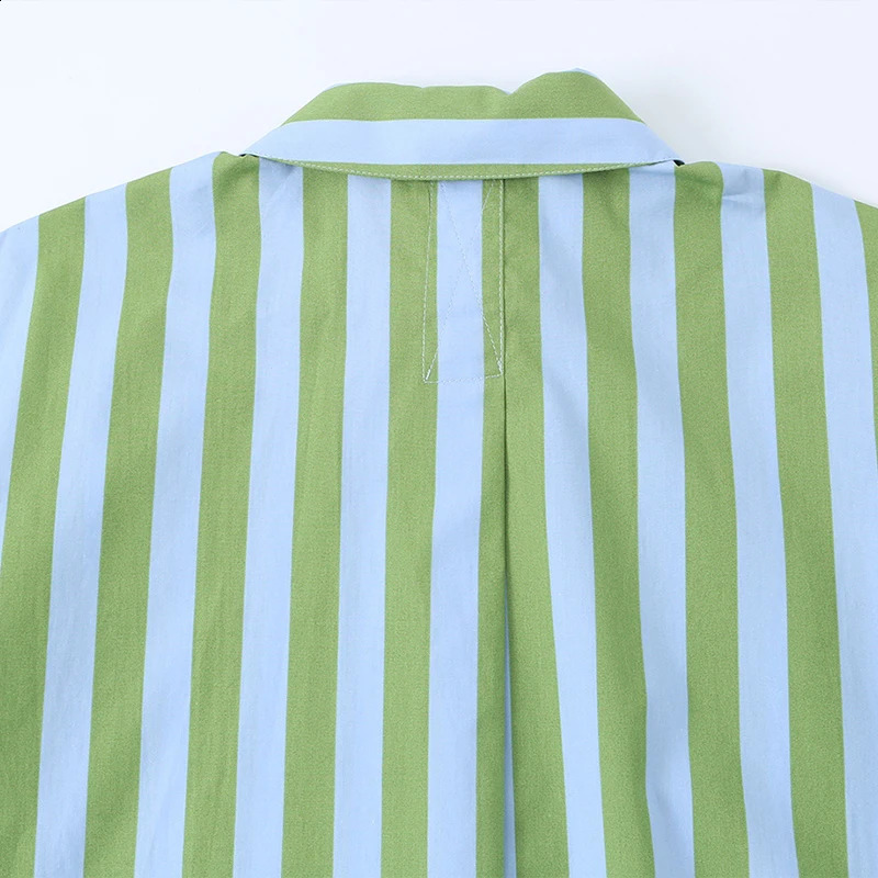 Willshela Women Fashion Green Striped Single Breasted Blouse Vintage Lapel Neck Short Sleeves Female Chic Lady Shirts 260626 - view 7