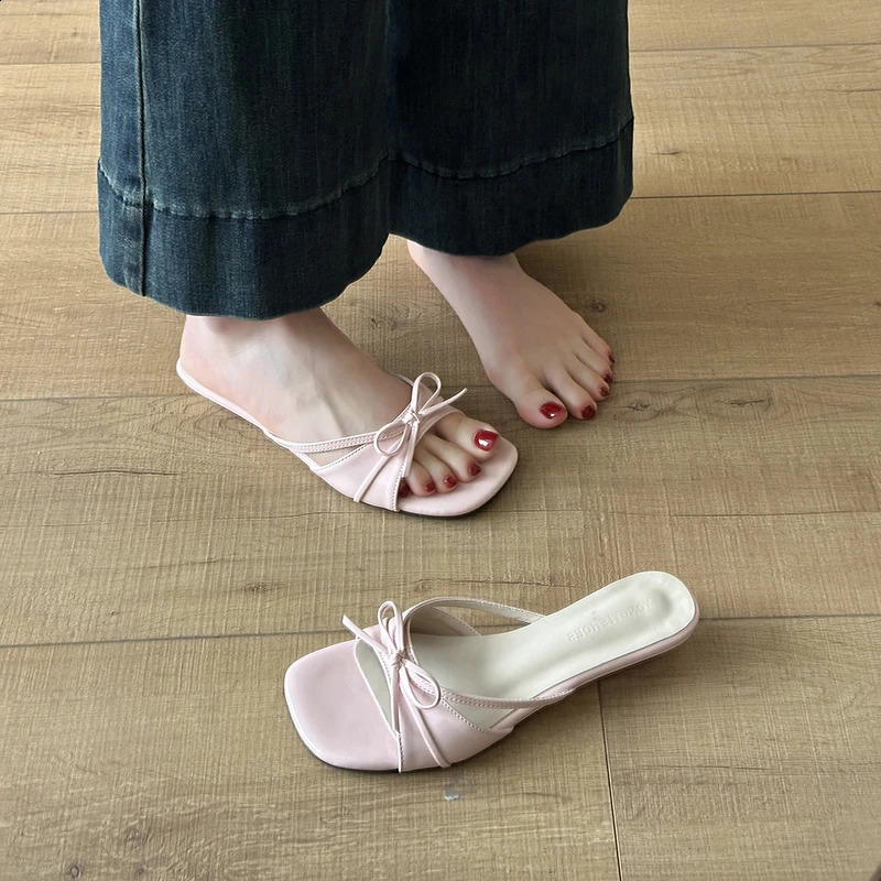 Summer Low Heel Flower Women Slippers Concise Open Toe Slip On Shoes Ladies Elegant Butterfly-knot Beach Vacation Dress Slides 260626 - view 3