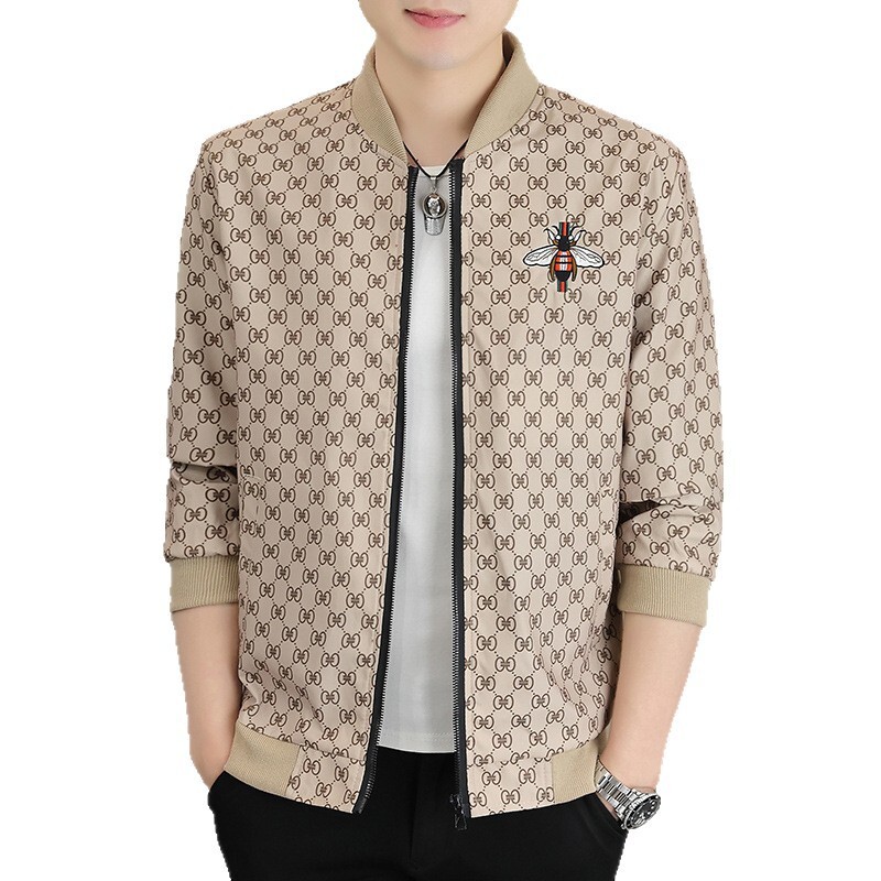 Men's Slim-Fit Jacket, Casual Hooded Long-Sleeve Outerwear with Beige and Black Animal Print Monogram Applique, Acetate Fabric, Zipper Closure for Out - view 5