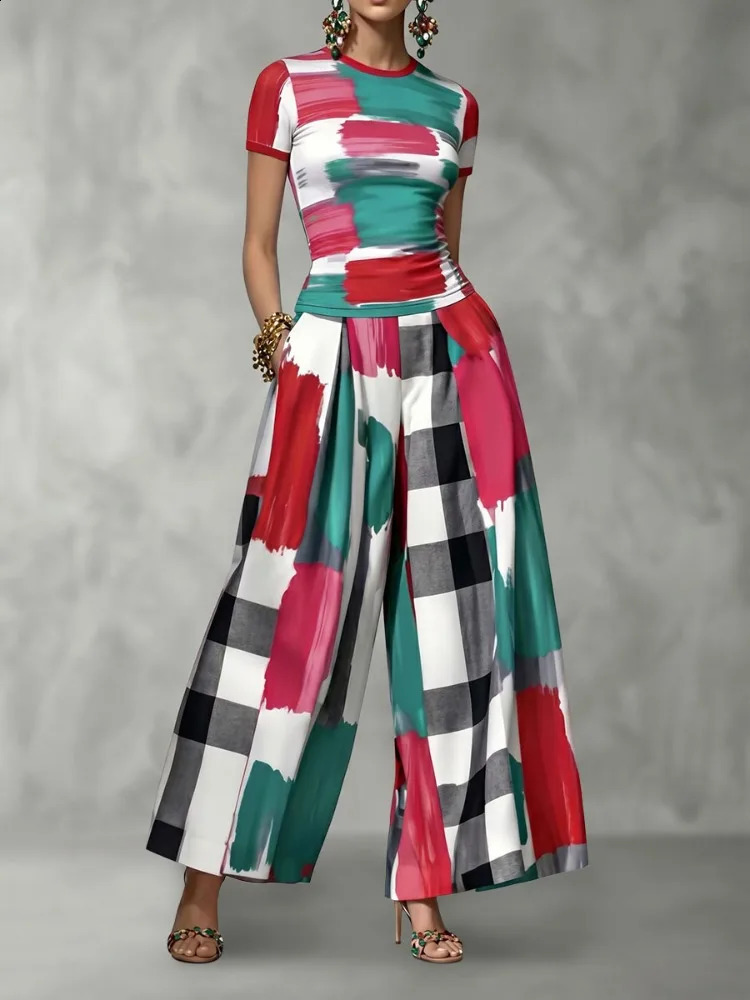 UOOZEE 2026 Fashion Contrast Color Plaid Matching Pants Women High Waisted Wide Leg Loose Casual Pleated Palazzo Trousers 260625 - view 4