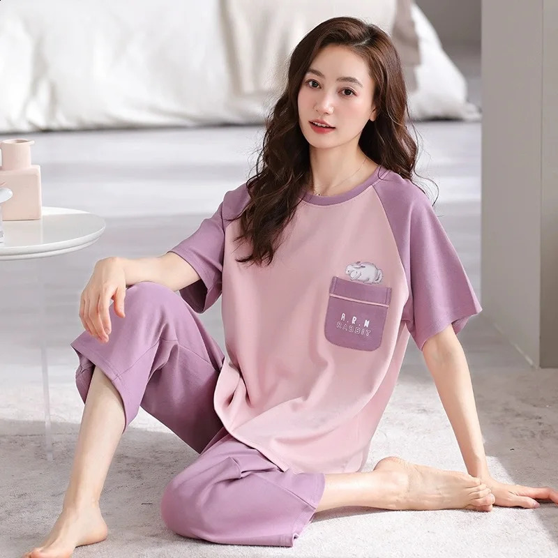 Womens Summer Pyjamas ShortSleeved Top and Cropped Trousers Plus Size BohoChic Checked Set Loungewear Underwear 260625 - view 4