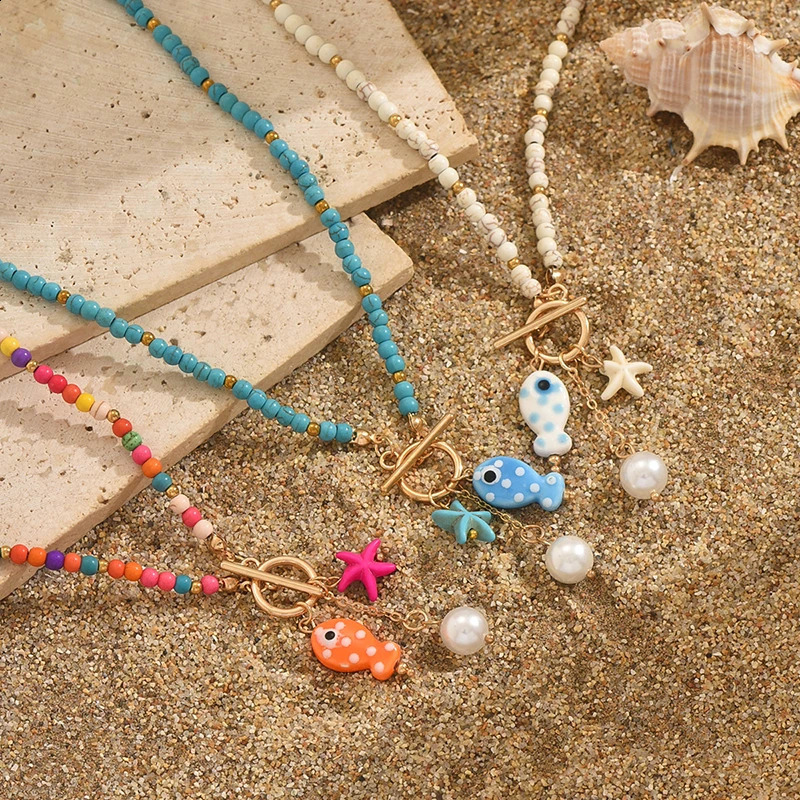 Bohemia Colorful Ceramic Fish Pendant Necklace for Women Handmade Beaded Pearl Starfish Necklace Summer Vacation Jewelry 260626 - view 6