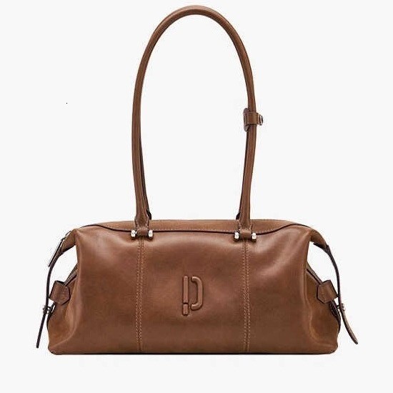 New Vegetable-Tanned Leather Clown Bowling Oil-Waxed Long Handle Handheld Underarm Commuter Single-Shoulder Baguette Boston Bag Underarm Bag Vintage F