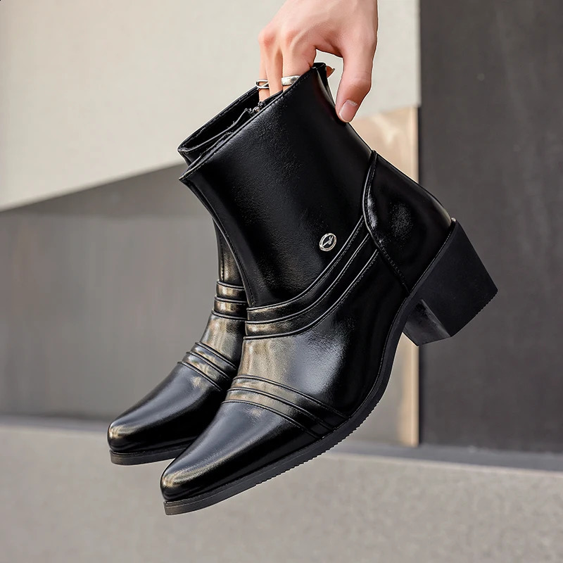 Men Pointed High Top Boots PU Solid Color Fashionable and Simple Business Banquet Men High Heeled Ankle Boots 260626 - view 5