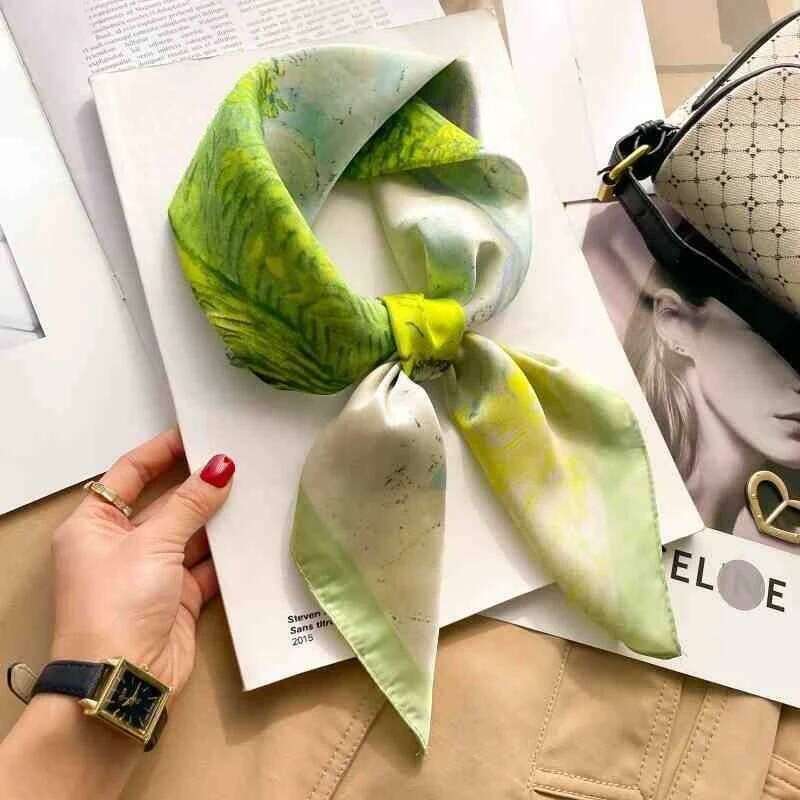 Fashion 70cm Green Print Square Silk Scarf Women Satin Neck Scarves Wrap Headkerchief Beach Hair Band Women's Bandana 26Y06226