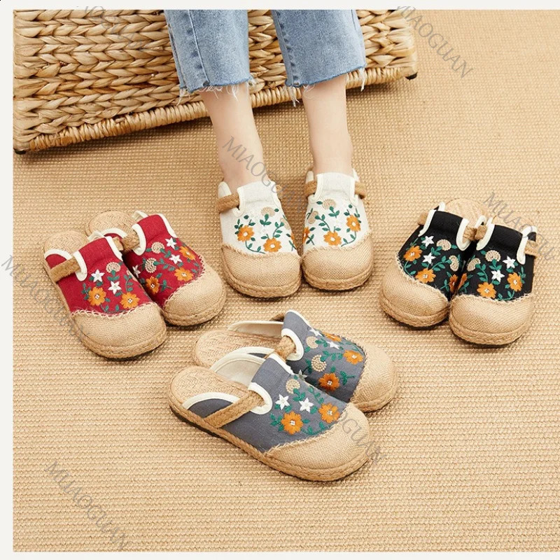 Women Casual Linen Embroidery Shoes Baotou Flat Mules Half Slippers Causal Retro Summer Ladies Canvas Sandals Comfort Footwears 260626 - view 3