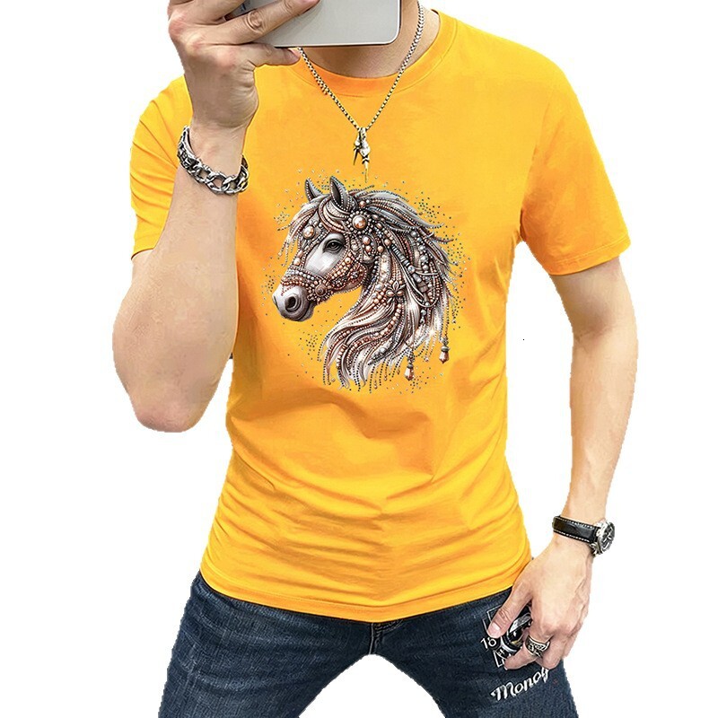 Summer New Fashion With Rhinestone Embellishments, Stylish And Versatile, Skin-Friendly, Breathable, Round Neck, Short Sleeve, Trendy Men's T-Shi - view 6