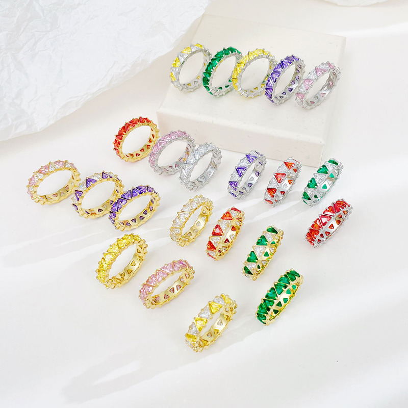Ring Fashionable Full Circle Triangular Cutting Diamond Arranged Colorful Zircon Ring For Women Exquisite Diamond Inlaid Ring Jewerly Designer For Wom
