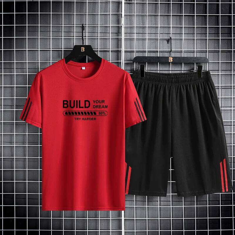 Ice Silk Quick Drying Sports Couple Three Bars Summer Thin Breathable Trendy Printed Short Sleeve Shorts Set of Two 26Y0626