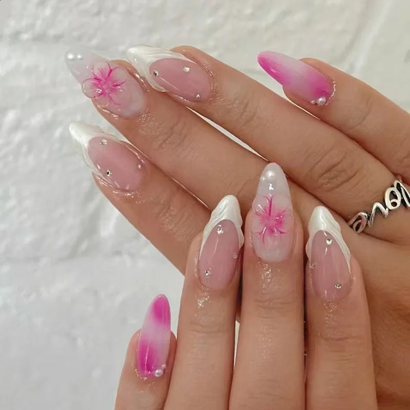 24Pcs Yellow French Full Cover Nails Tips Mid-length Almond Detachable False Nails 3D Flower Pearl Starburst Press on Fake Nails 260626 - view 3