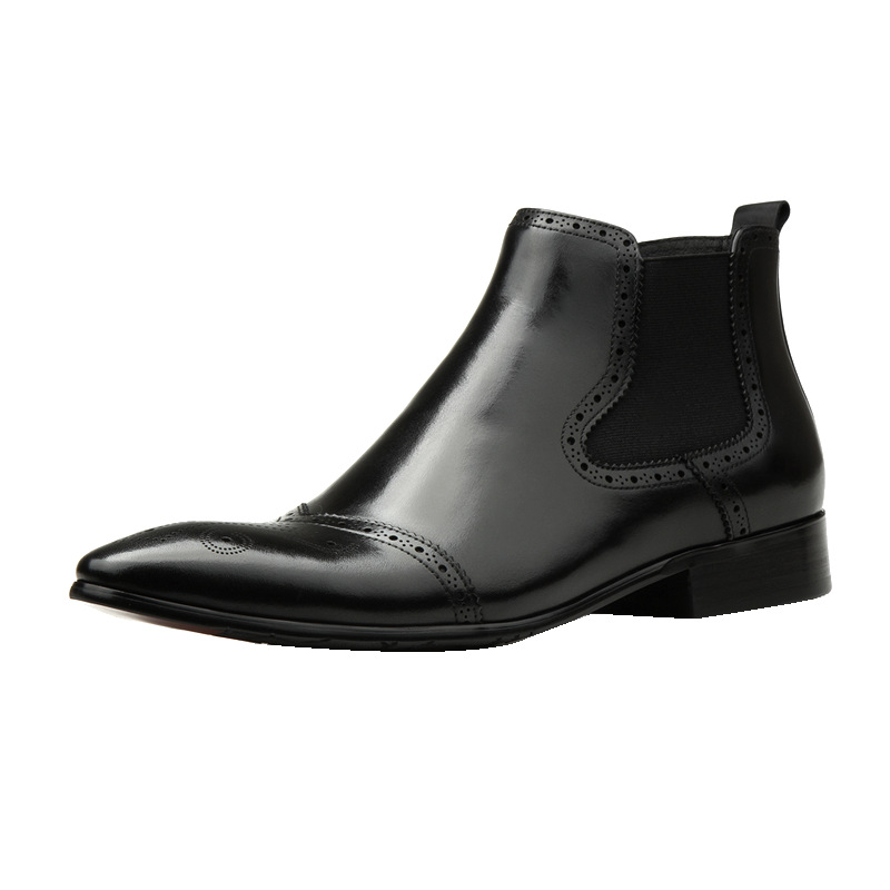 Men Winter Warm Wool Lined Chelsea Ankle Boots Genuine Leather Side Zipper Pointed Toe Brogue Dress Boots Formal Business Wedding Leather Boots For Ma - view 3