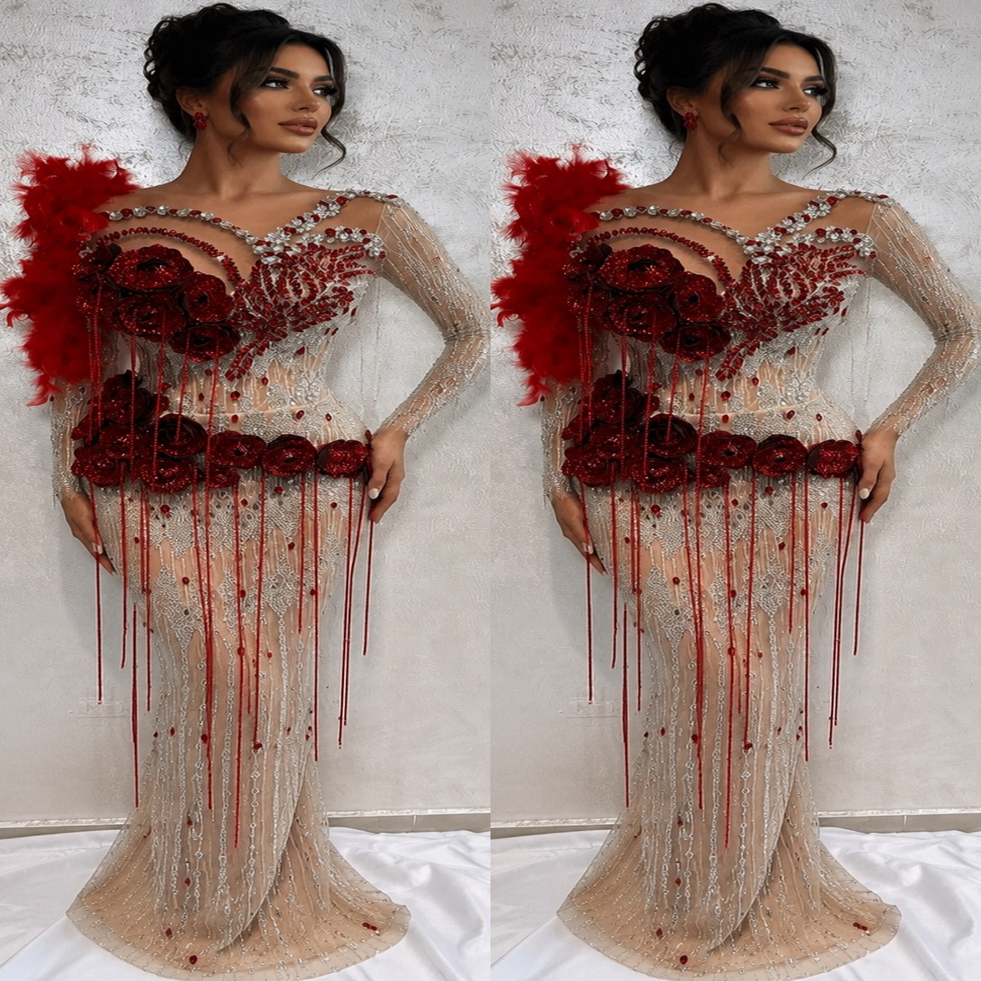 Aso Ebi Burgundy Mermaid Prom Dress 2026 Evening Dress Flowers Feather Beaded Crystals Birthday Formal Women Pageant Party Gowns Long Dinner Dresses Z