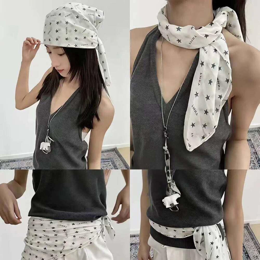 Leisure Style Cotton-linen Star Printed Headscarf Summer Ladies' Trendy and Versatile Square Scarf Fashionable Hair Accessory 26Y06226