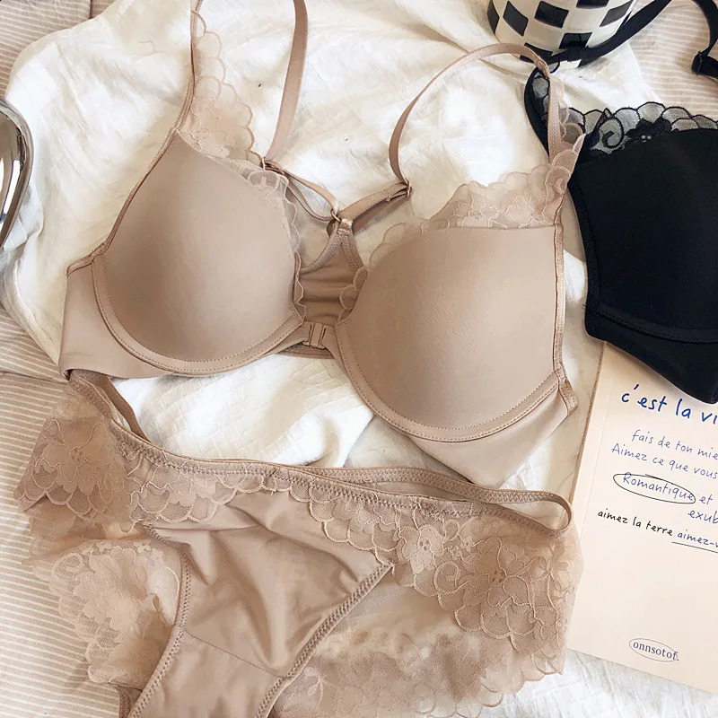Thin Glossy Cup Cross Backless Lace Front Closure Bra and Panties Set with Push Up Underwear Women Beautiful Sexy Lingerie 260626