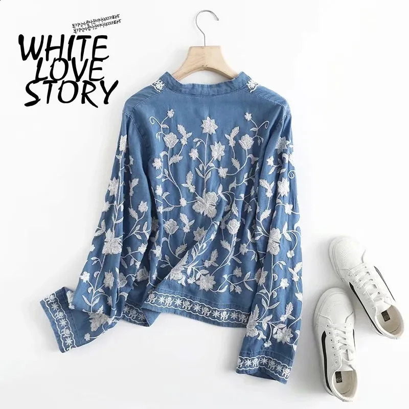 3/4 Sleeve Denim Shirt Womens Spring Summer Soft Jeans V Necks Floral Embroidery Blouses Thin Coat Tops 2026 T35432M 260626 - view 3