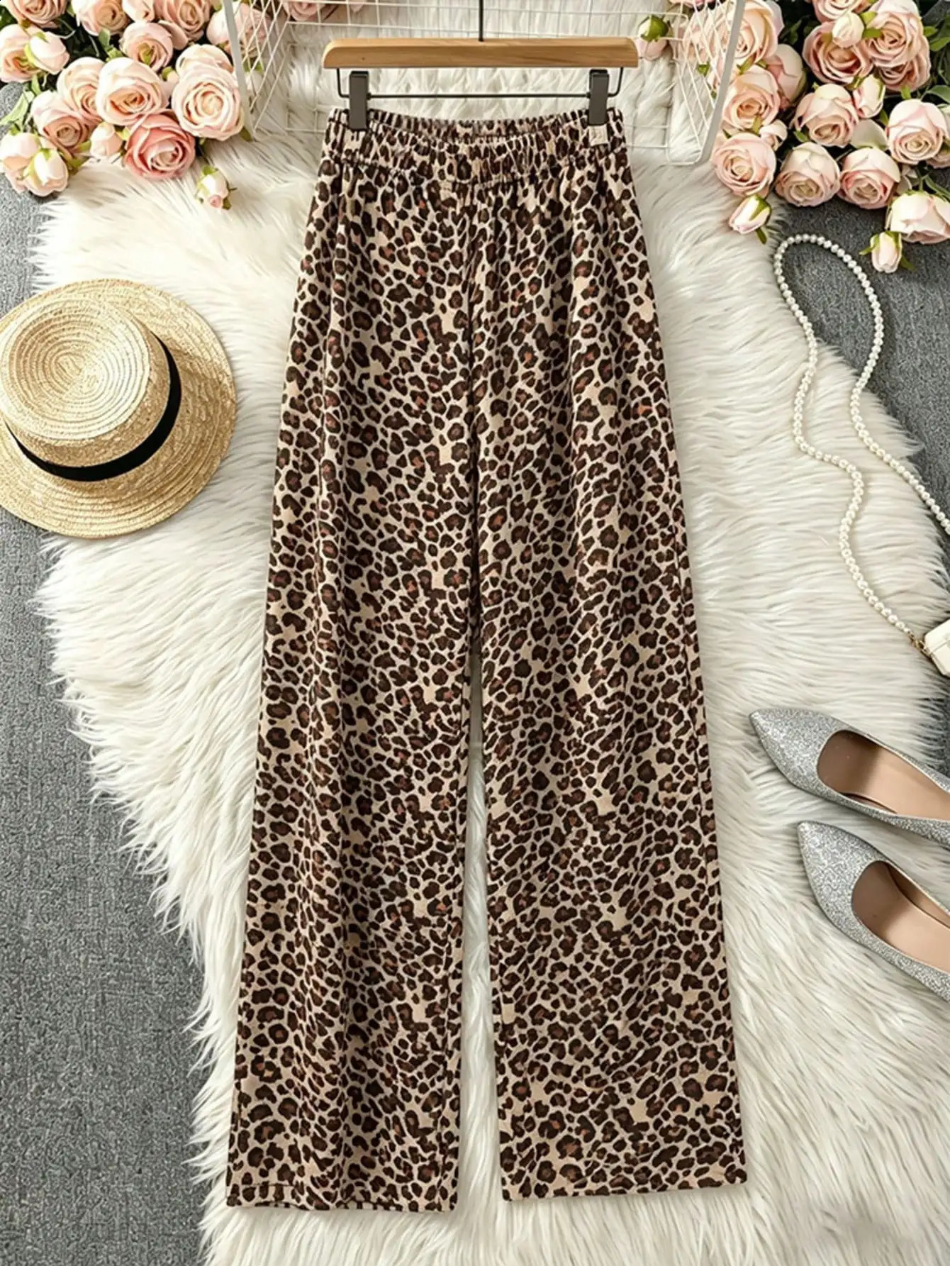 Women Retro Leopard Print Wide Leg Pants Soft Naked Feeling Casual Trousers For Home Sleep Travel Beach Vacation Outfit Clothes 260625 - view 4