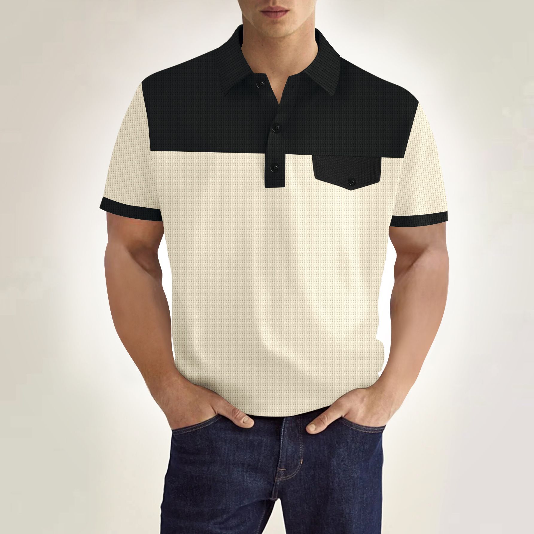 2026 European New Men's Waffle Collar Polo Shirt With Patchwork And Faux Pocket Buttons On The Chest - view 5