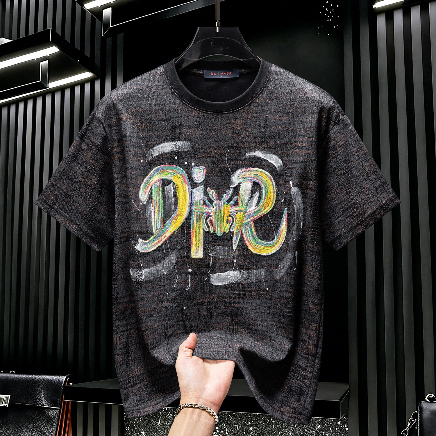 Men's High-End Embroidered Graffiti Short-Sleeve T-Shirt, New Summer Trendy Brand, Light Luxury Breathable Half-Sleeve Top