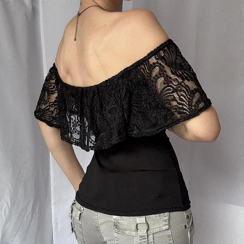 RUOKE Sexy Off Shoulder Lace Crop Top Women Ruffle Blouse Summer Slash Neck Tshirt Slim Fit Tube Going Out Party Date Y2K 260616 - view 5