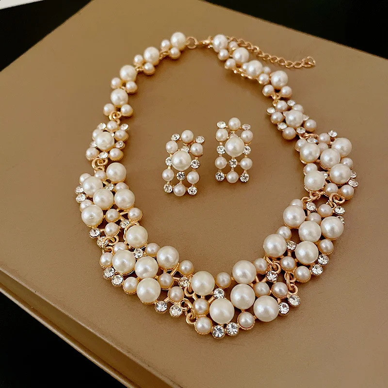 3 Pcs Rhinestone Pearl Rectangular Earrings Necklace Set Two-piece Vintage Choker Accessory Light Jewelry Sets Wedding 260626