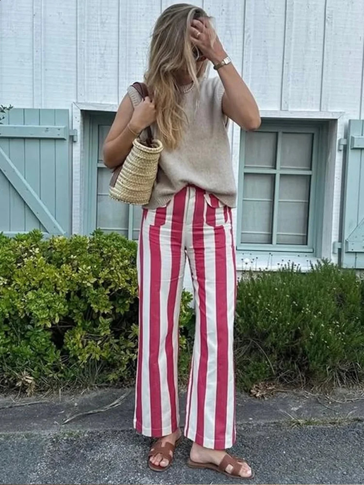 Colorful Striped Low Waist Wide Leg Jeans Slim Fit Flared Hem 2026 Summer Casual Women Denim Pants Trendy Y2K Lady Streetwear 260625