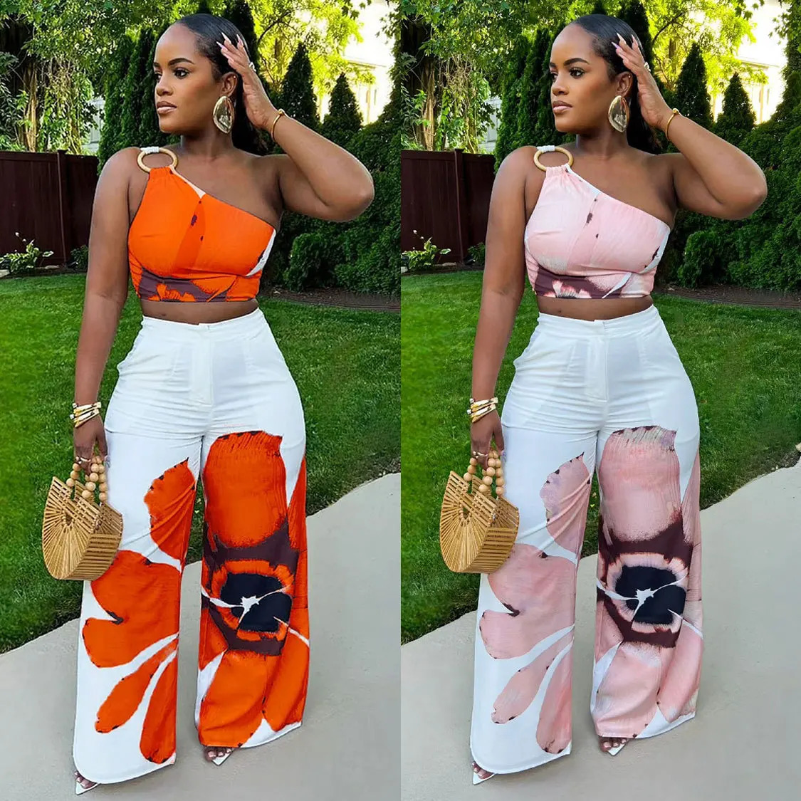 Matching Sets Wide Leg Full Length Pant Sexy Print One Shoulder Tops Pullover Pant Sets Loose Pockets High Street Spliced 260615