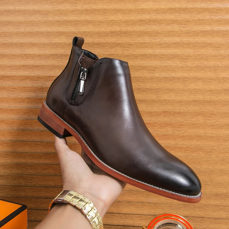 Mens PU Leather Chelsea Boots Classic Pointed High Top Dress Shoes Brown Business Banquet Commuting Short Boots for Men 260626