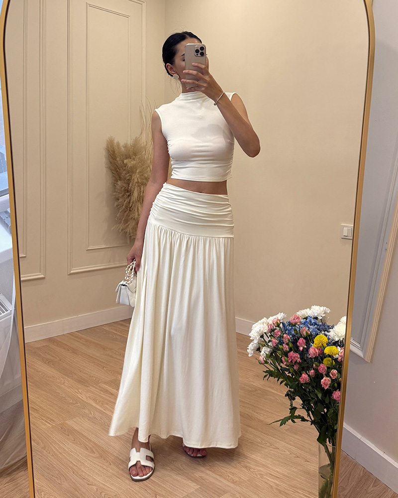 Women's 2 Piece Summer Outfits Crewneck Tank Tops Split Bodycon Midi Skirt Set SF068