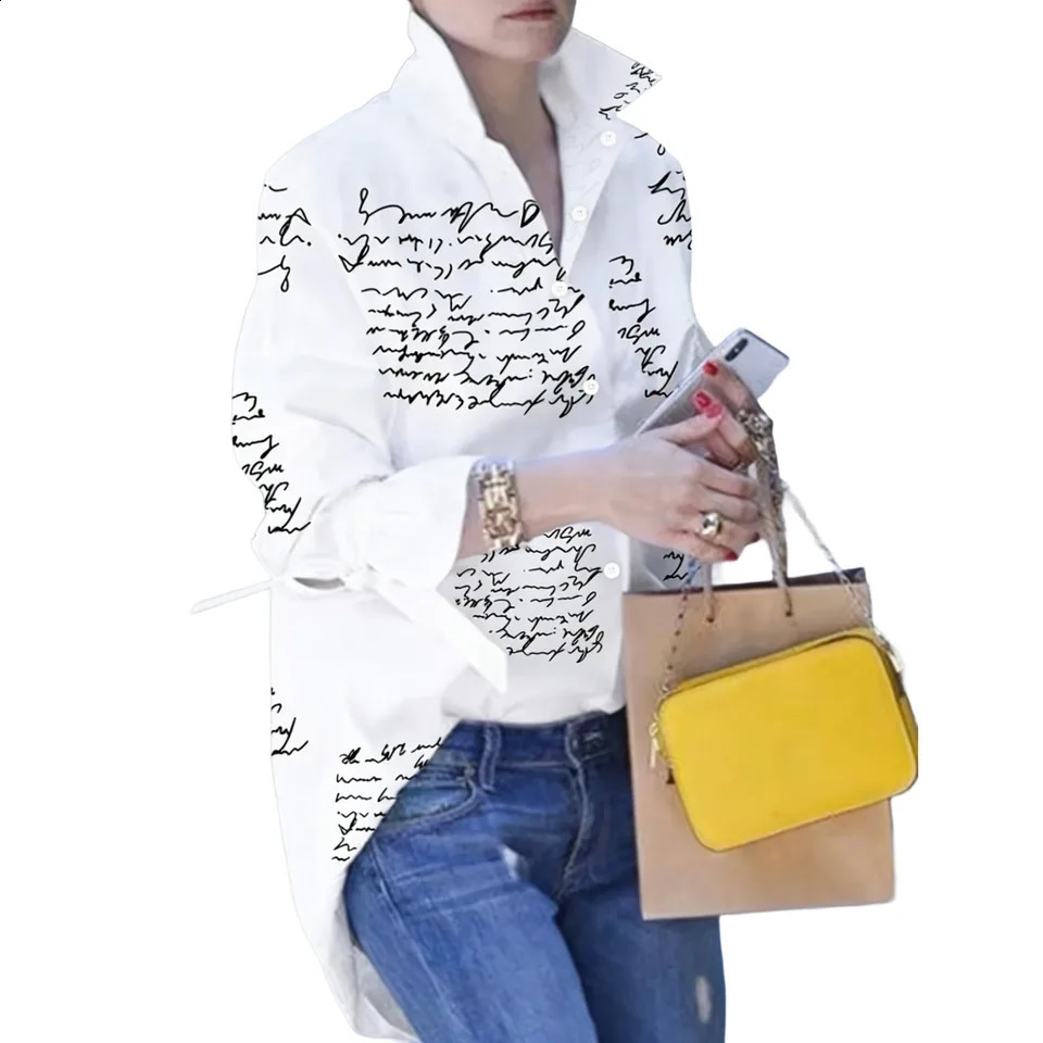 Womens White Script Print Button Down Shirt - Casual Tie Cuff Long Sleeve Blouse for Office Street Style 260626 - view 4