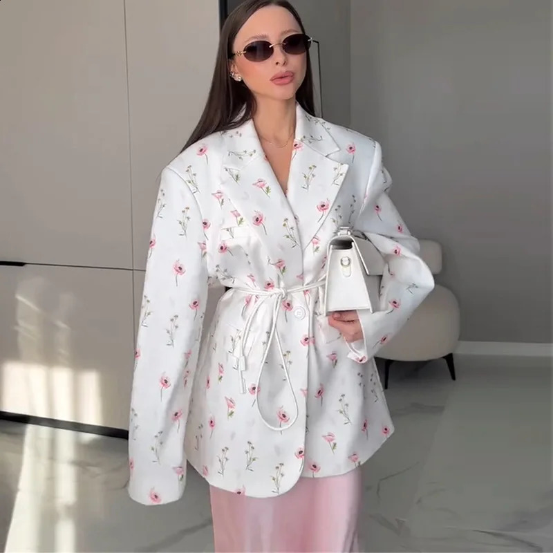 Women Blazer Coat Print Suit Jacket Lace Up Long Sleeve Notched Collar Waist Cinched Loose Casual Office Lady Spring Summer 260625 - view 3