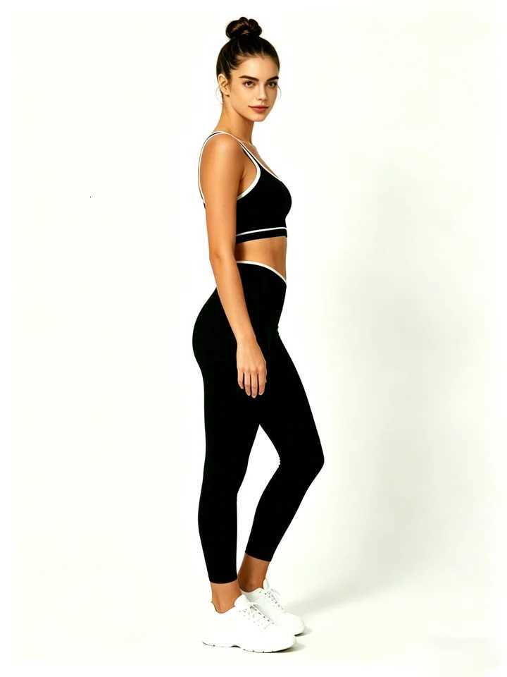 Outfit Black White Contrast Gym 2 Pieces Square Neck Sports Tank Top High Waist Leggings for Women M260626 - view 6